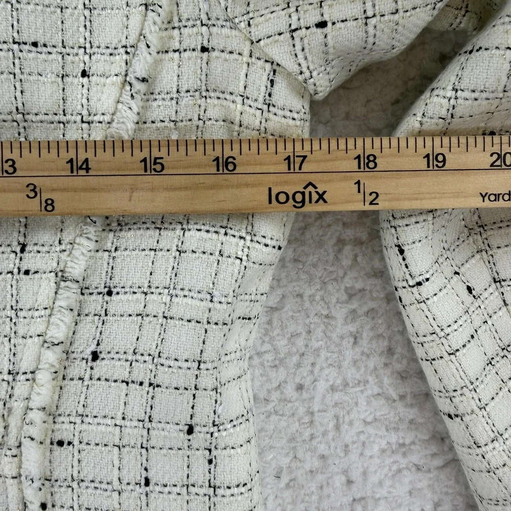 Ann Taylor Jacket Womens 0 White Tweed Moto Asymmetrical Zip Fringe‎ Lined Check
